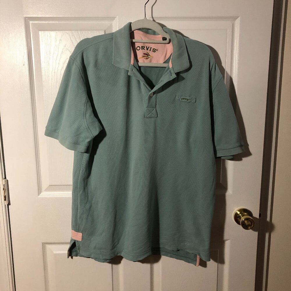Orvis  men green polo shirt , embroidered logo, 3-button polo, L